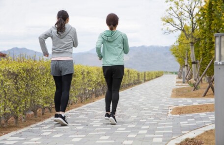 公園の遊歩道を並んでジョギングする、背後から見た2人の女性