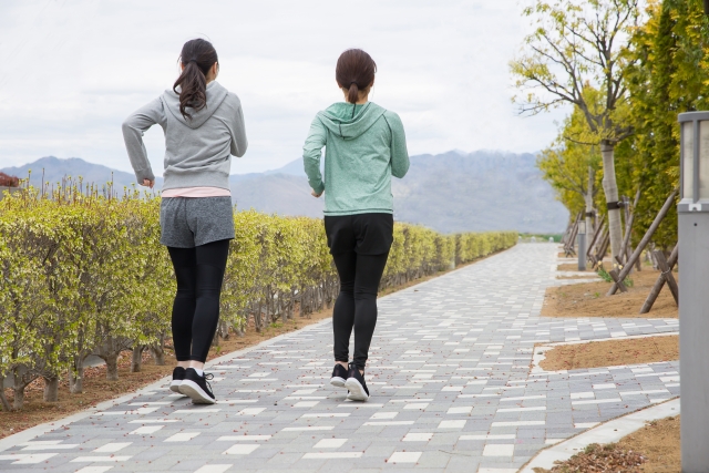 公園の遊歩道を並んでジョギングする、背後から見た2人の女性