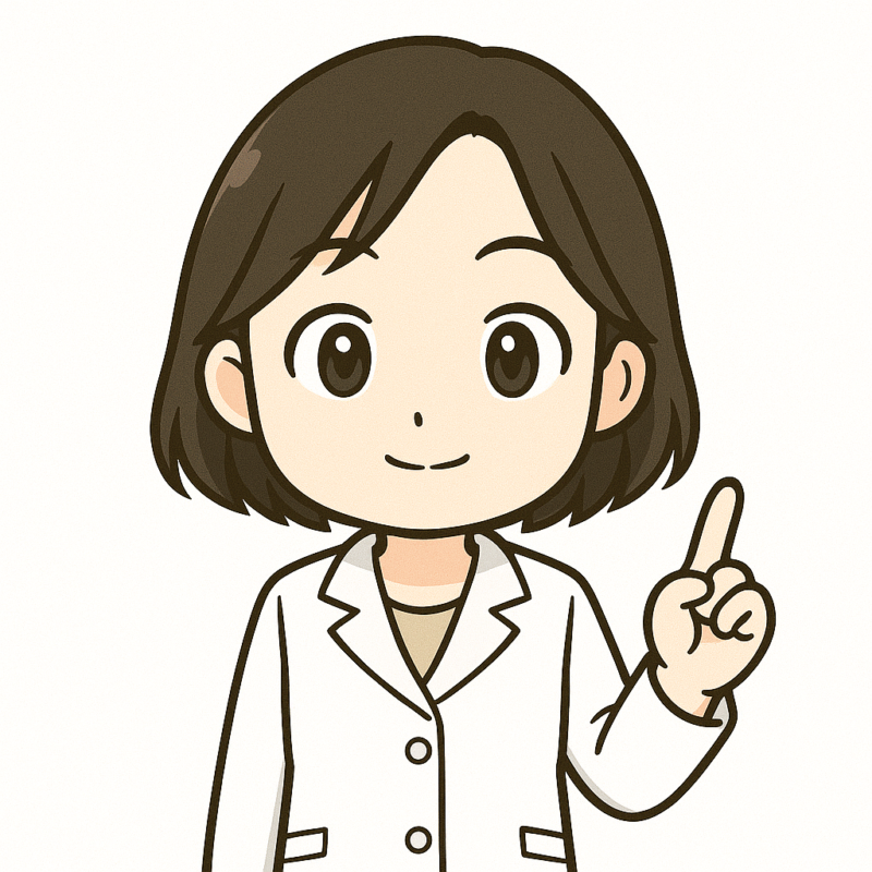 白衣を着たショートヘアの女性が、笑顔で人差し指を立ててポイントを説明している親しみやすいイラスト。専門家のアドバイスをイメージさせるビジュアル。