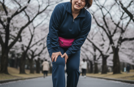 膝の痛みでウォーキングを中断し、苦悶の表情を浮かべる50代・70kg台の日本人女性（更年期ダイエットの悩み）