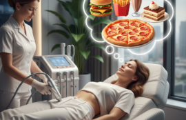 高級そうなエステマシンを受けているが、頭の中では高カロリーな食事を想像している女性。エステだけで痩せようとする矛盾のイメージ。