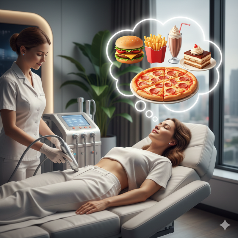 高級そうなエステマシンを受けているが、頭の中では高カロリーな食事を想像している女性。エステだけで痩せようとする矛盾のイメージ。