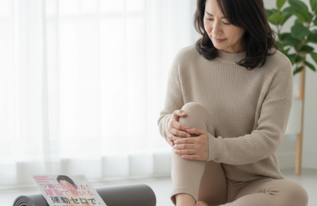 明るい日差しの中で、穏やかな表情でヨガマットの横に座り、リラックスする40代・50代の女性。激しい運動ではなく、自分をいたわりながら健康的なライフスタイルを楽しむ様子。