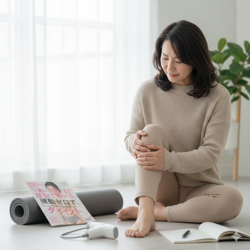 明るい日差しの中で、穏やかな表情でヨガマットの横に座り、リラックスする40代・50代の女性。激しい運動ではなく、自分をいたわりながら健康的なライフスタイルを楽しむ様子。