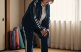 ジャージを着てウォーキングを始めようとするが、膝の痛みに顔をしかめて立ち止まる50代の日本人女性。
