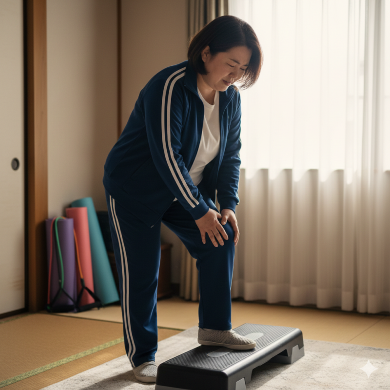 ジャージを着てウォーキングを始めようとするが、膝の痛みに顔をしかめて立ち止まる50代の日本人女性。