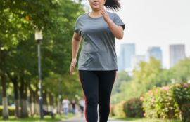 公園の並木道で、正しいフォームを意識して颯爽とウォーキングをする40代・50代の女性。ダイエット目的ではなく体力向上を目指す力強い歩き方のイメージ。