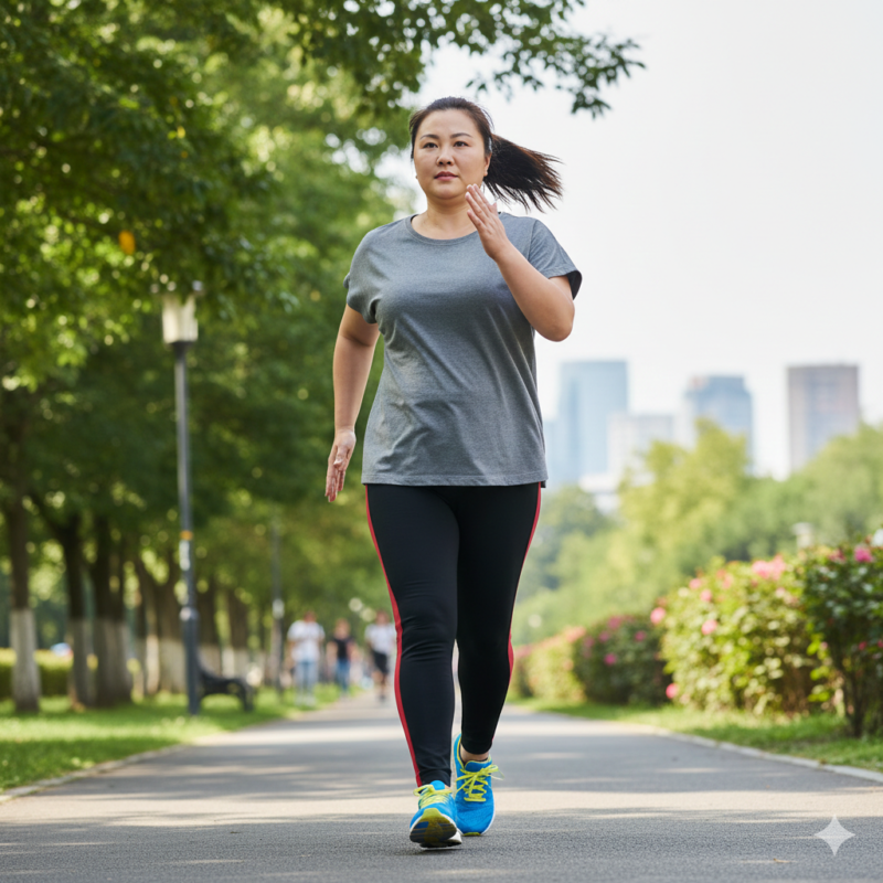 公園の並木道で、正しいフォームを意識して颯爽とウォーキングをする40代・50代の女性。ダイエット目的ではなく体力向上を目指す力強い歩き方のイメージ。