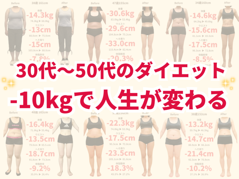 福岡市東区ニドムに通う30代〜50代女性のダイエット成果。10kg減（例：-22.3kg、-30.6kg）を達成したビフォーアフター写真の一覧。