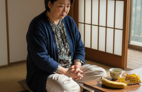 ダイエットの悩みを抱えて和室で座る60代女性。手元には健康的な食事の象徴としてのバナナと、理想の姿が載った雑誌