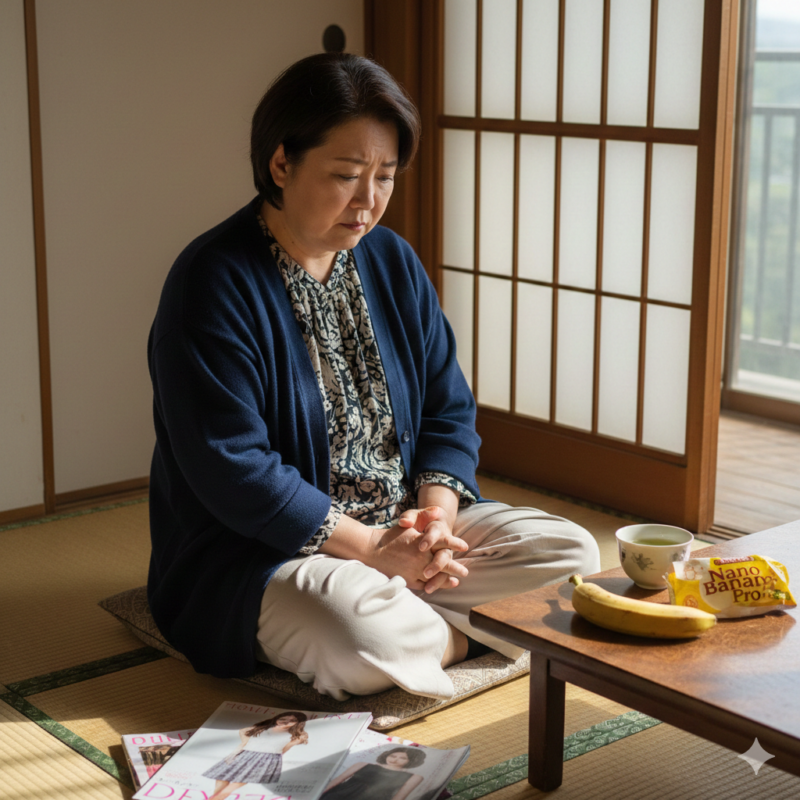 ダイエットの悩みを抱えて和室で座る60代女性。手元には健康的な食事の象徴としてのバナナと、理想の姿が載った雑誌