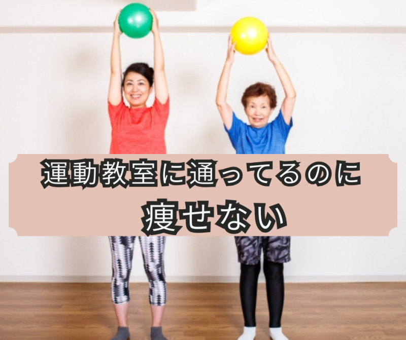 運動教室でカラーボールを頭上に掲げてエクササイズをする2人の女性。「運動教室に通ってるのに痩せない」というメッセージ付き。