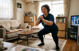 自宅のリビングで、テレビを見ながら食後のスクワットを行う40代・50代の女性。