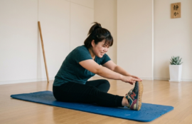 ヨガマットの上で前屈のストレッチをしている笑顔の女性。
