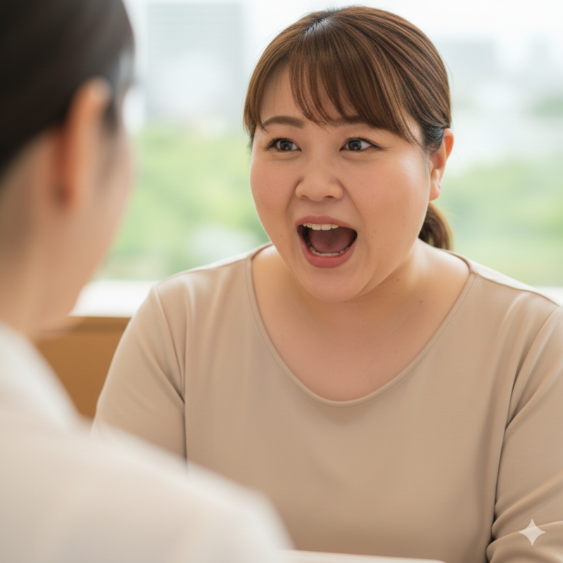 驚いた表情で口を開けて話す女性。向かい合って座るカウンセラーに食事の悩みを相談している様子。